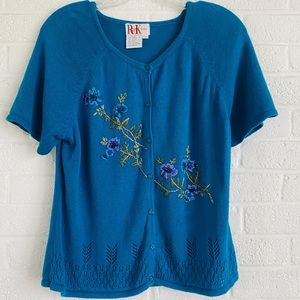 Vintage R&K Originals Knit Cardigan Turquoise Blue Button Down Embroidery Sz 12